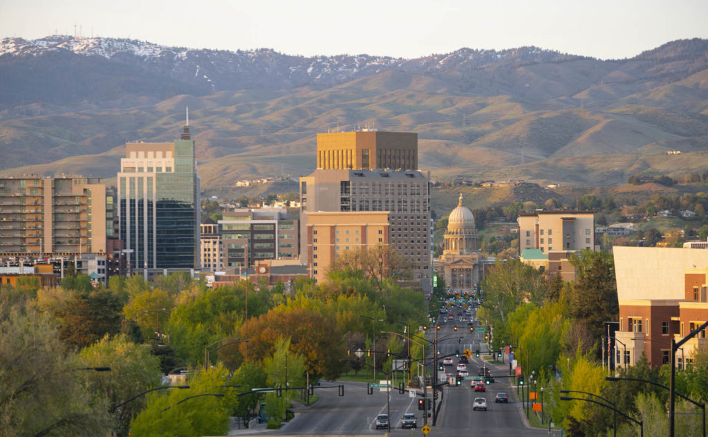 Downtown Boise looking up state street to the capital